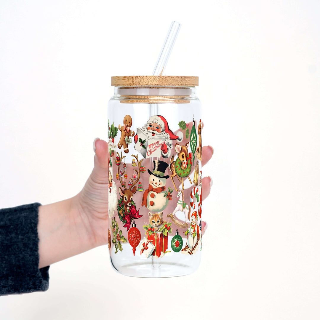 Nostalgic Christmas Glass Can Cup with Lid & Straw