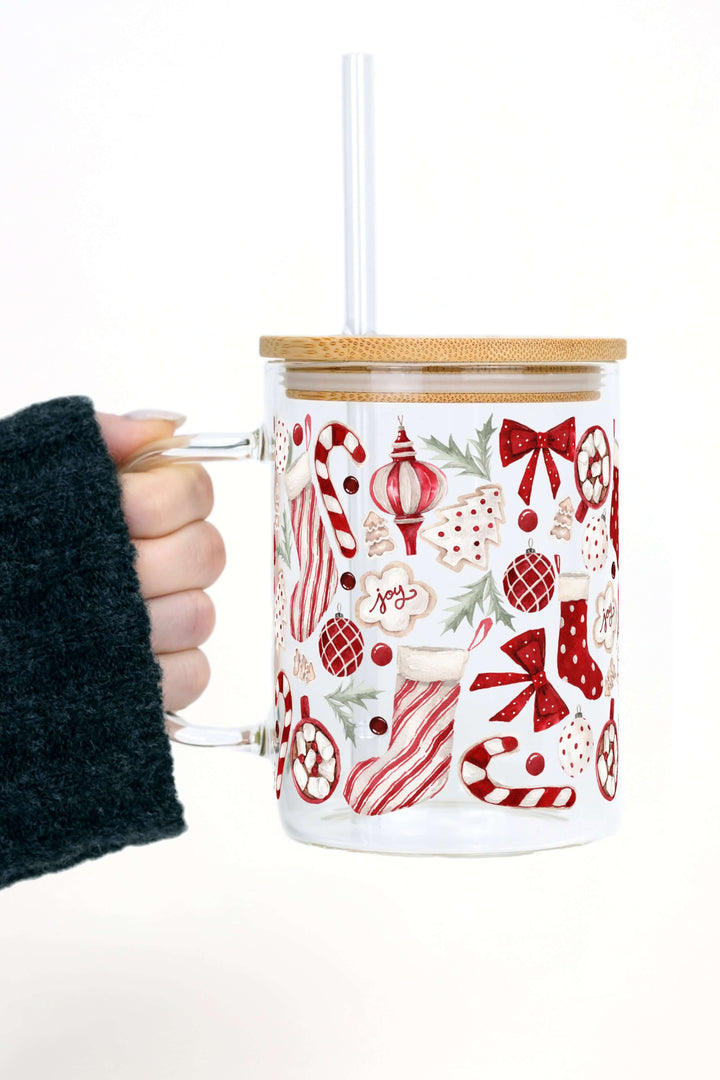 Cozy Christmas Things 17oz Glass Mug With Lid and Straw