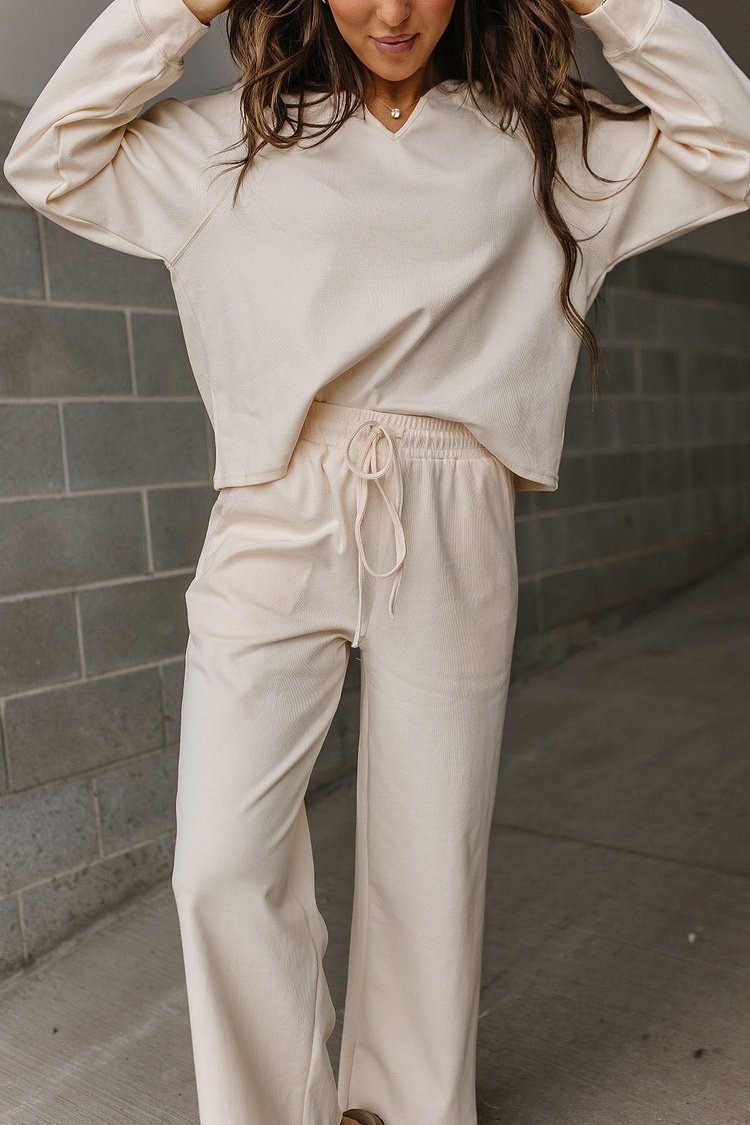 Cream Long Sleeve Crop Wide Leg Pant Lounge Set | Mindy Mae's Market