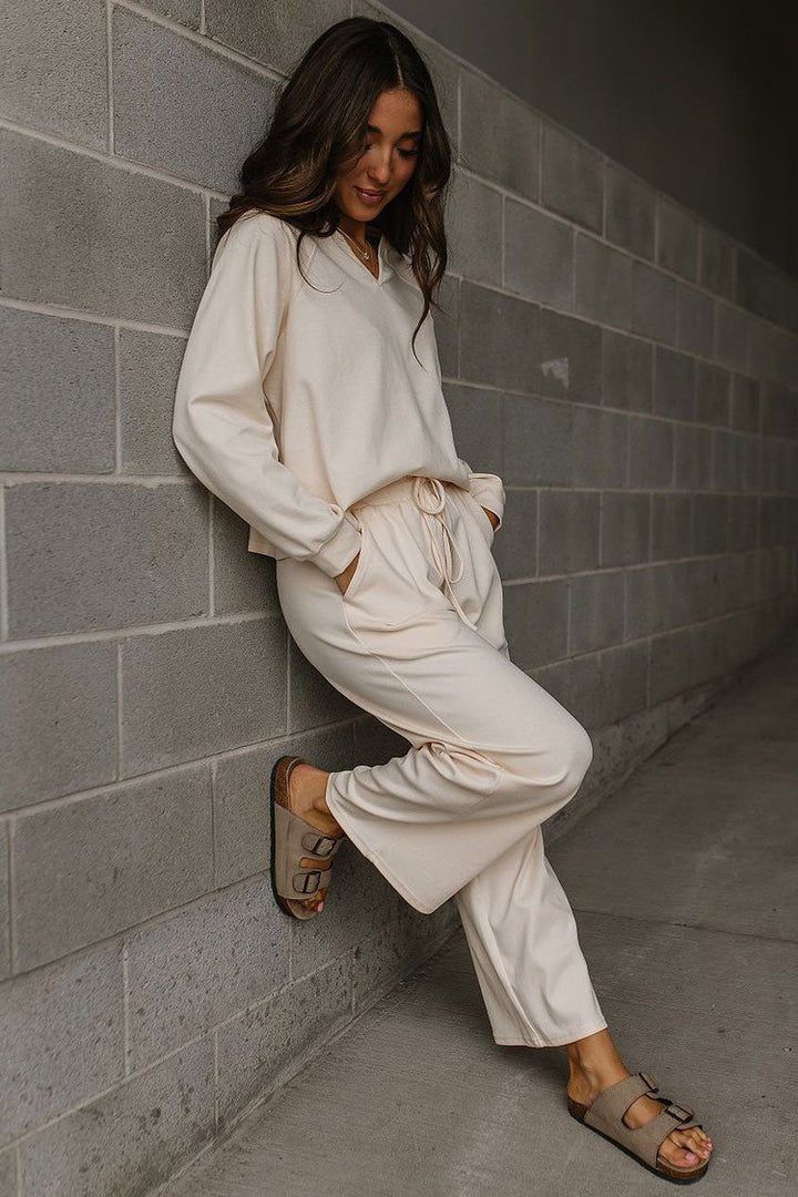 Cream Long Sleeve Crop Wide Leg Pant Lounge Set | Mindy Mae's Market