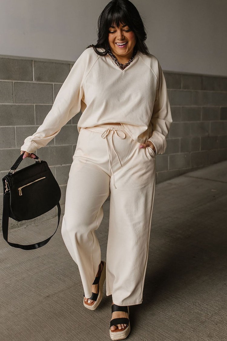 Cream Long Sleeve Crop Wide Leg Pant Lounge Set | Mindy Mae's Market