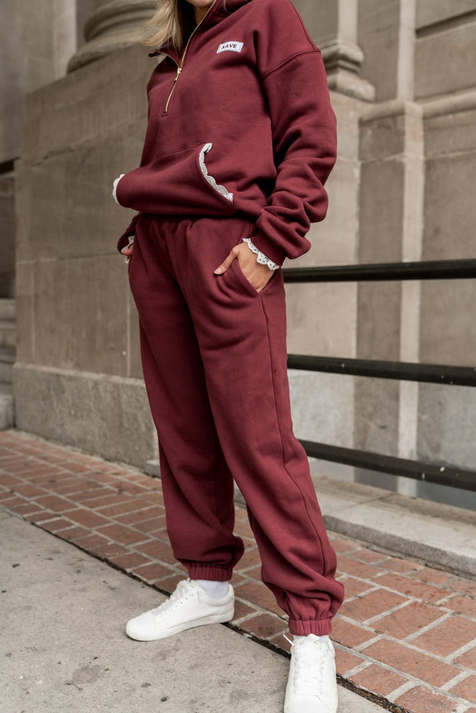 Comfort Zone Joggers - Maroon Lace – Mindy Mae's Market