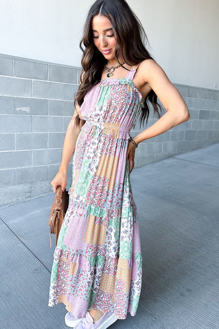 Floral Patchwork Maxi Dress with Tie Waist | Mindy Mae's Market 