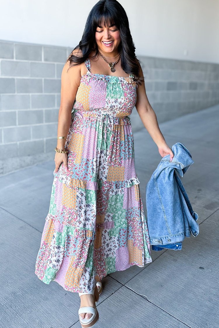 Floral Patchwork Maxi Dress with Tie Waist | Mindy Mae's Market 