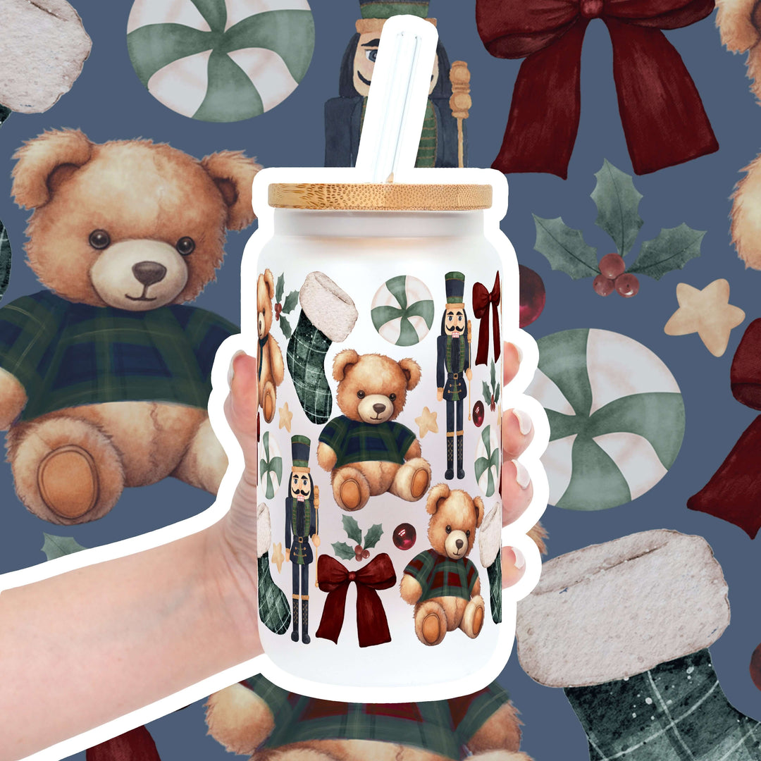 Plaid Teddy Christmas Cup with Lid & Straw