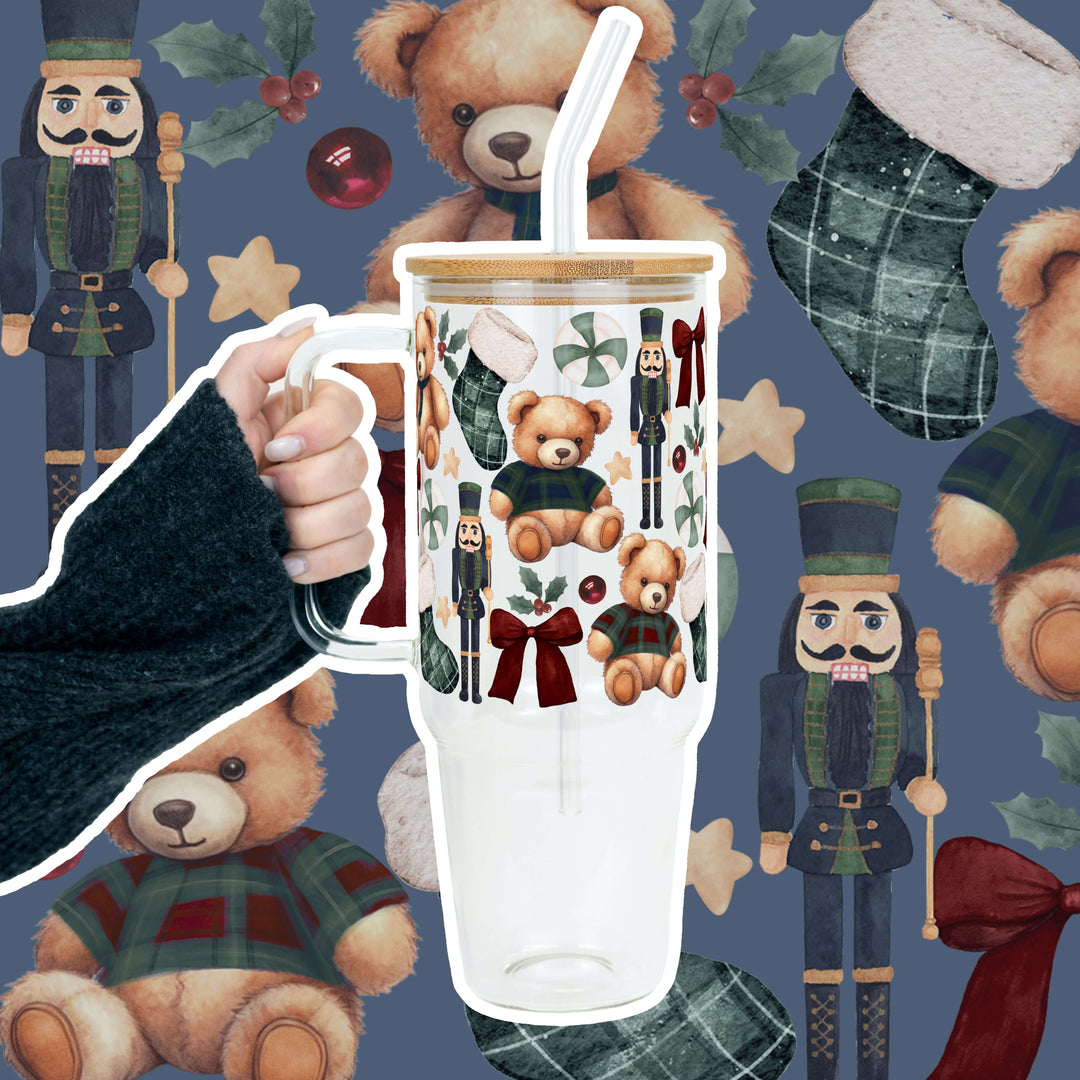 Plaid Teddy Christmas Tumbler with Handle Lid & Straw