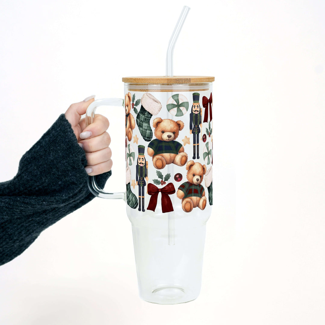 Plaid Teddy Christmas Tumbler with Handle Lid & Straw