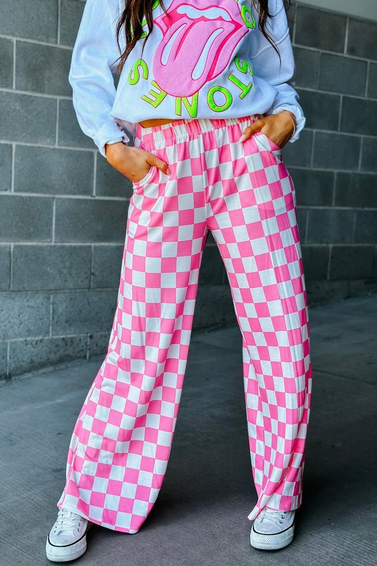 White and Pink Checked Comfy Wide Leg Pants | Checkmate Pants