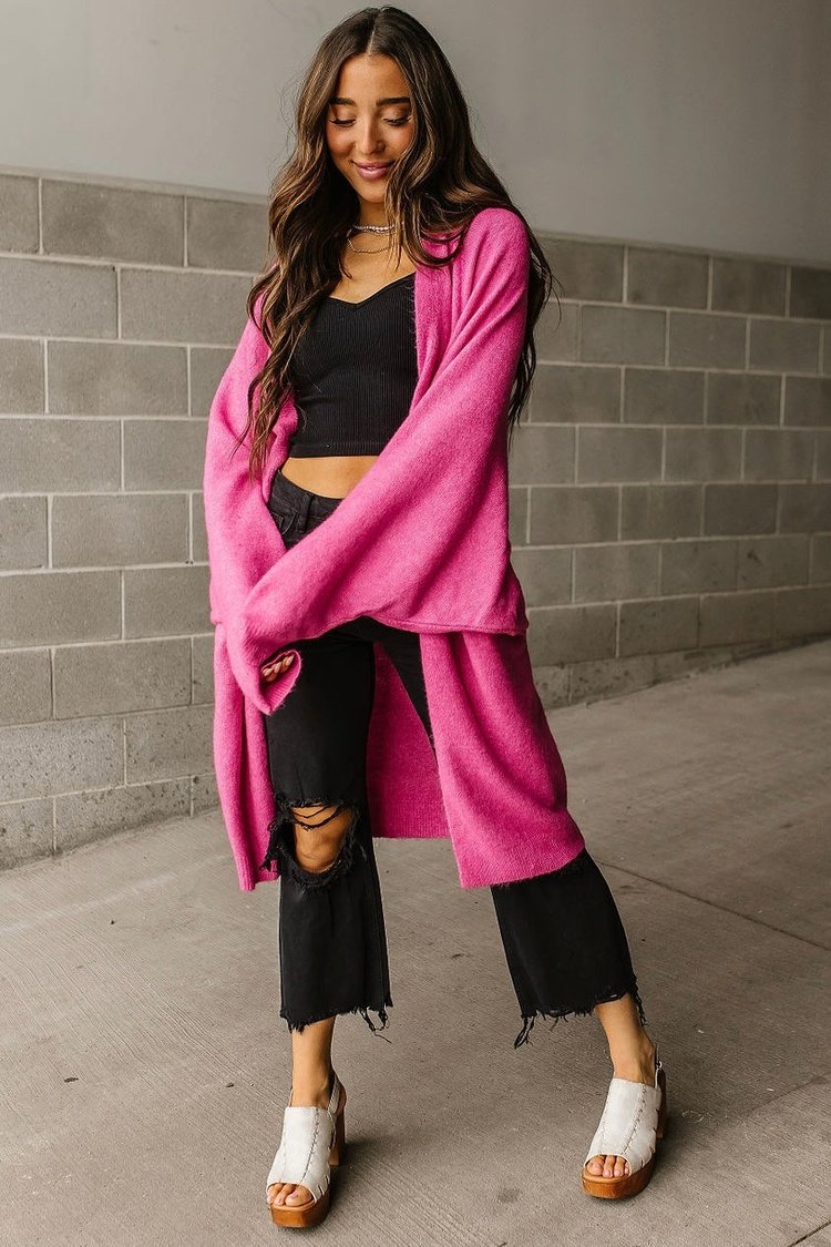 Oversized Midi Layering Sweater | Lucy Cozy Cardigan - Hot Pink