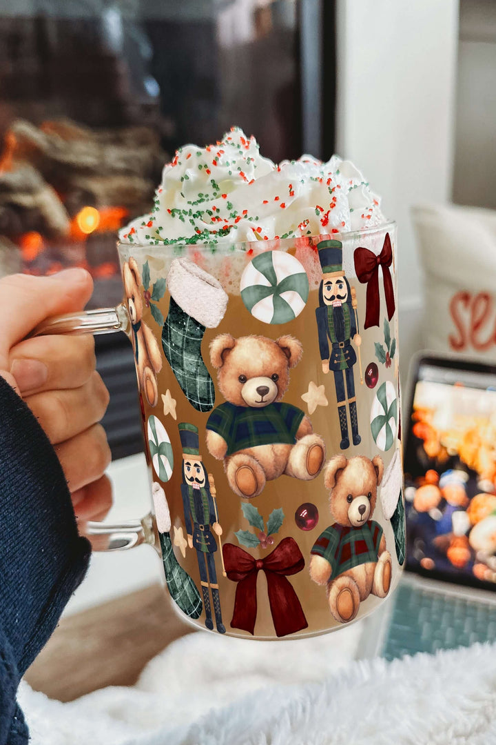 Plaid Teddy Christmas Clear Glass Mug with Lid & Straw