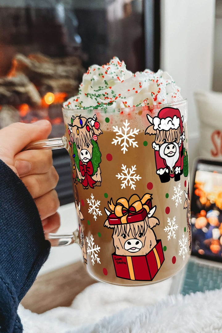 Highland Holiday Christmas Clear Glass Mug with Lid & Straw