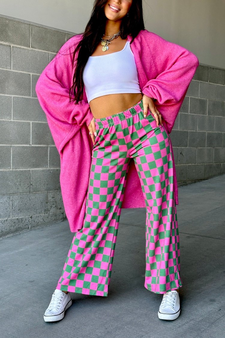 Pink and Green Checked Comfy Wide Leg Pants | Checkmate