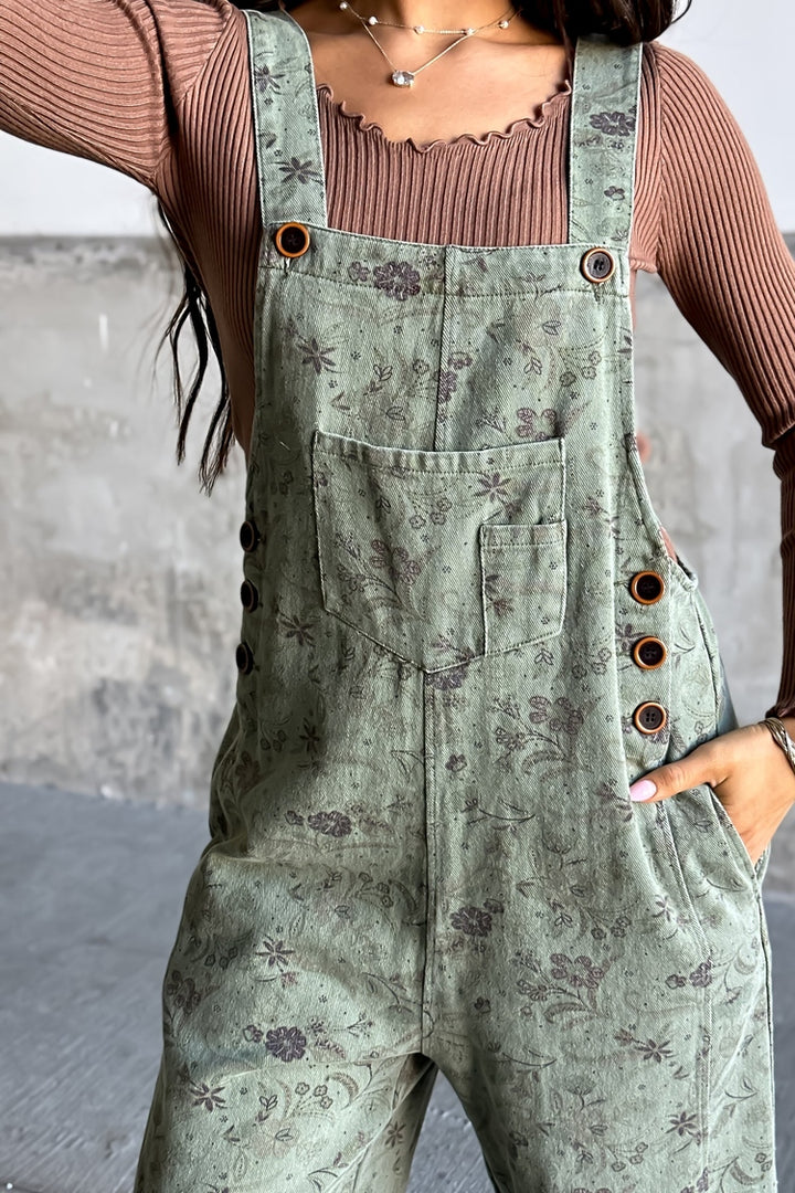 Greta Floral Overalls - Olive