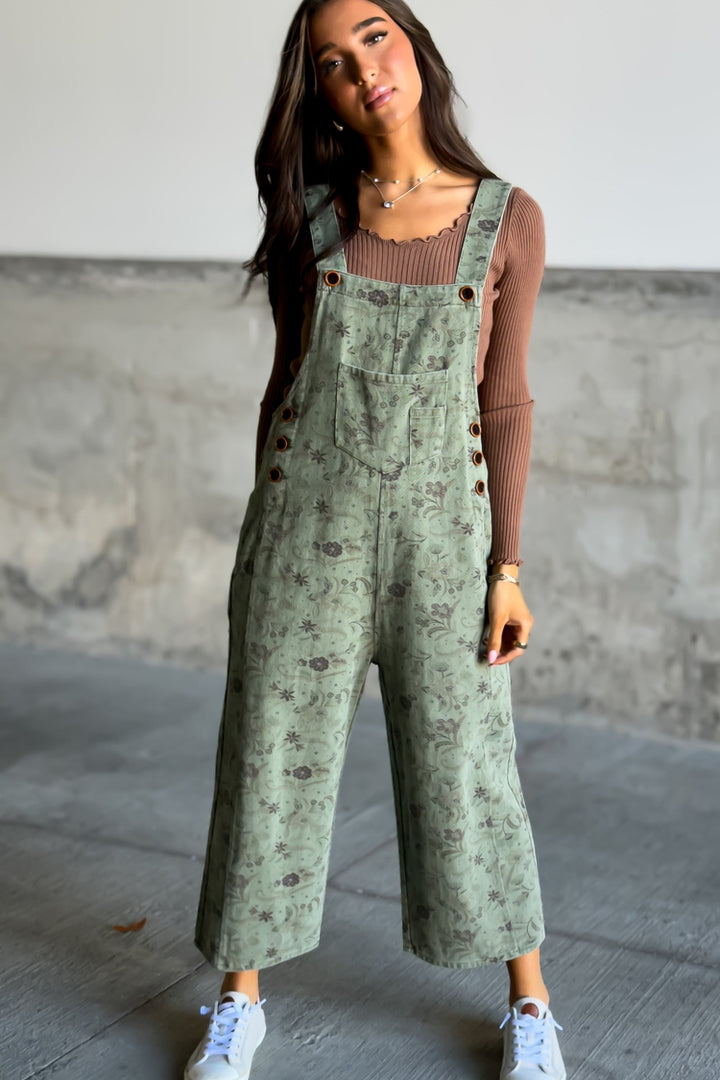 Greta Floral Overalls - Olive