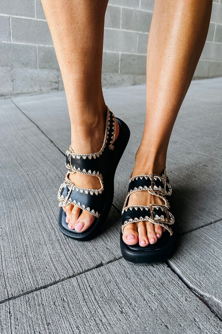 Black Vegan Leather Sandals with Detail Stitching | Mindy Mae's Market