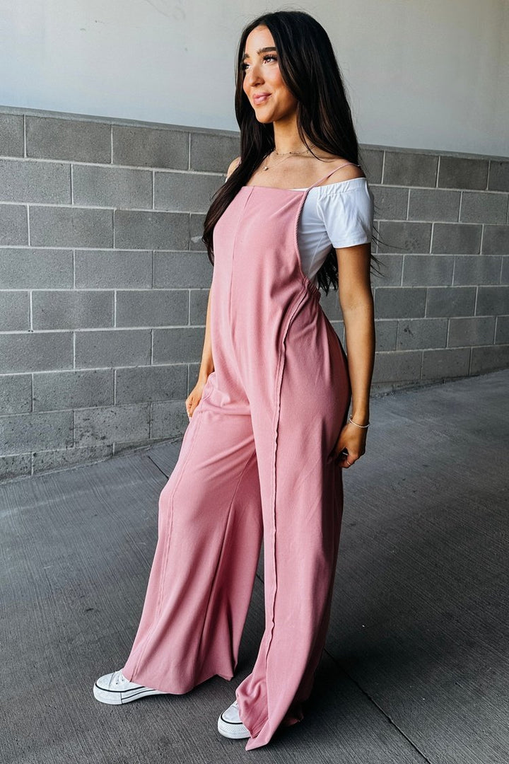 Dusty Pink Ribbed Soft Wide Leg Jumpsuit | Mindy Mae's Market