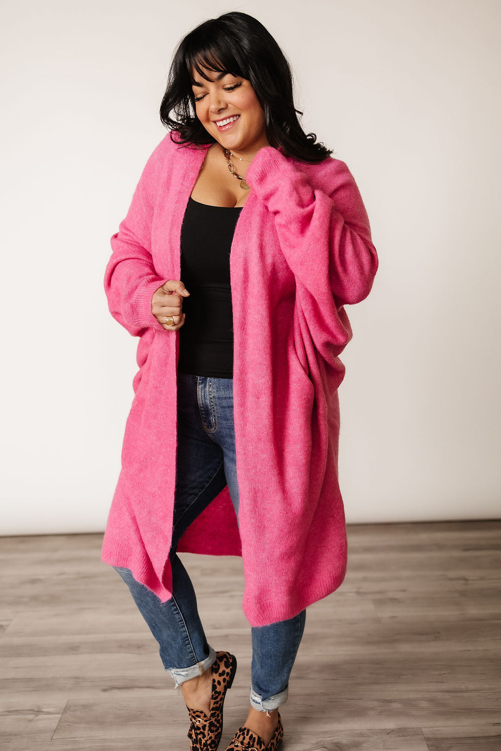 ロンハーマン　Garment Dyed Knit Cardigan XL OVY Oversized Midi Layering Sweater | Lucy Cozy Cardigan - Hot Pink