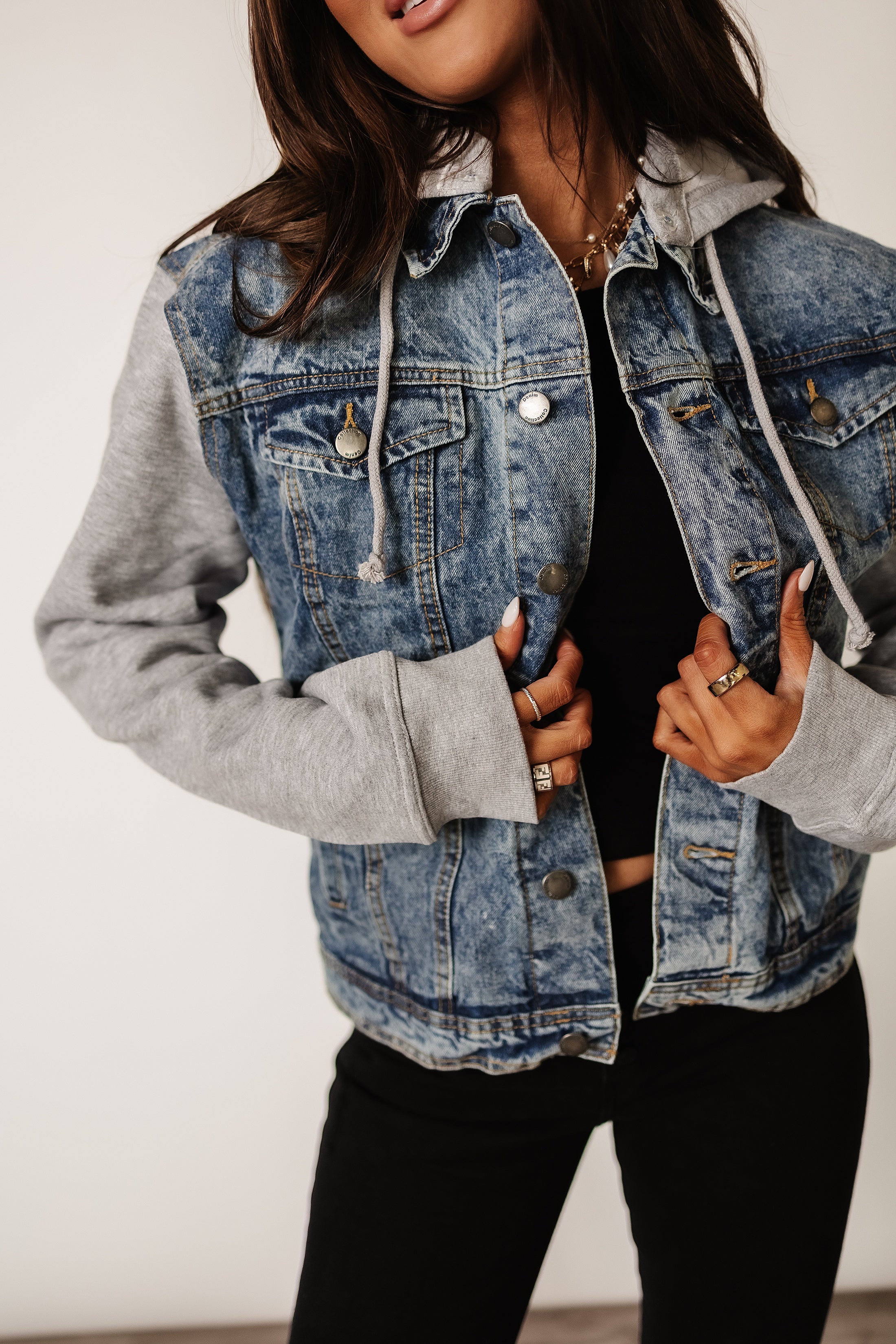 Denim Jacket with Sweatshirt Sleeves and Hood | Charlie Denim
