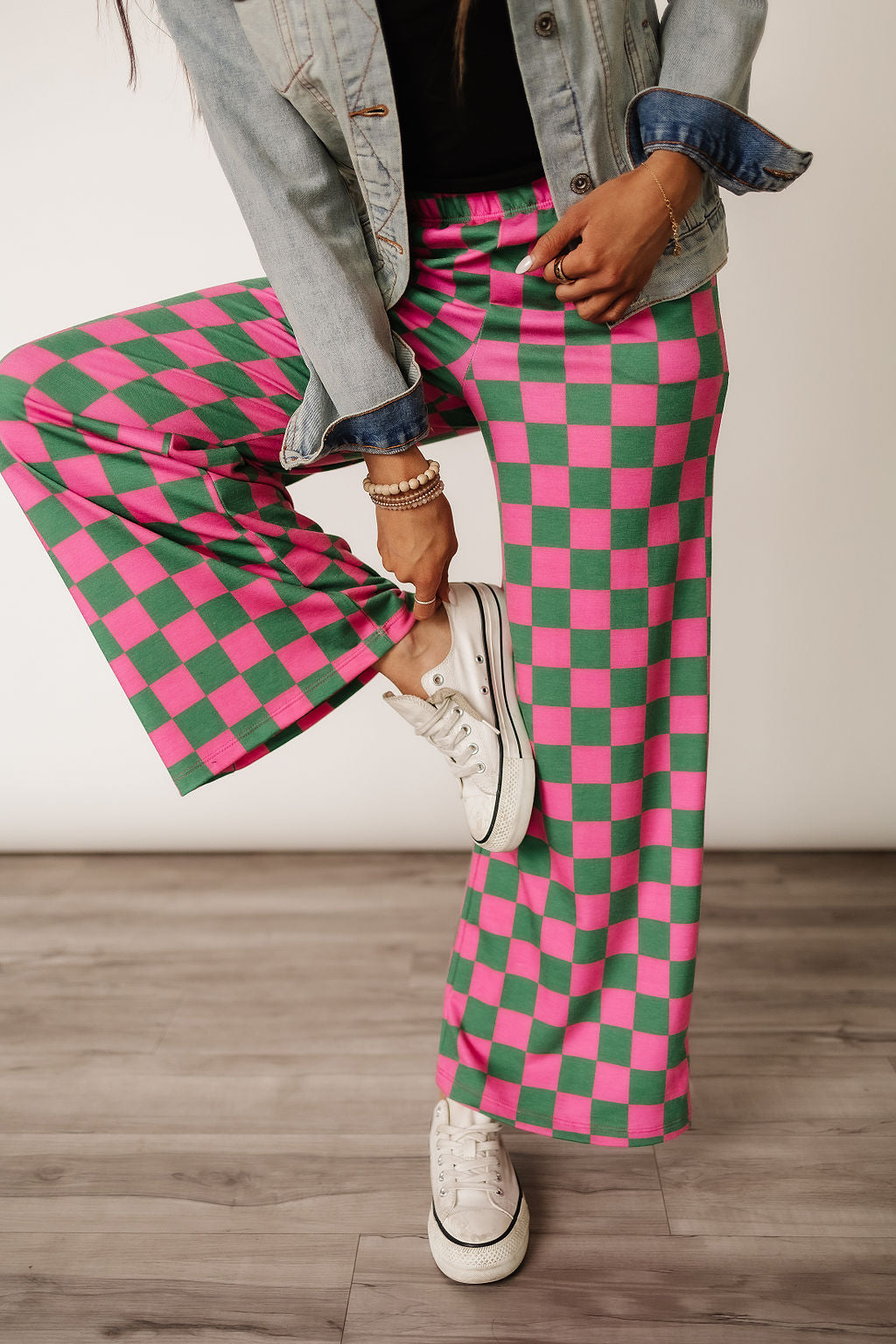 Pink and Green Checked Comfy Wide Leg Pants | Checkmate