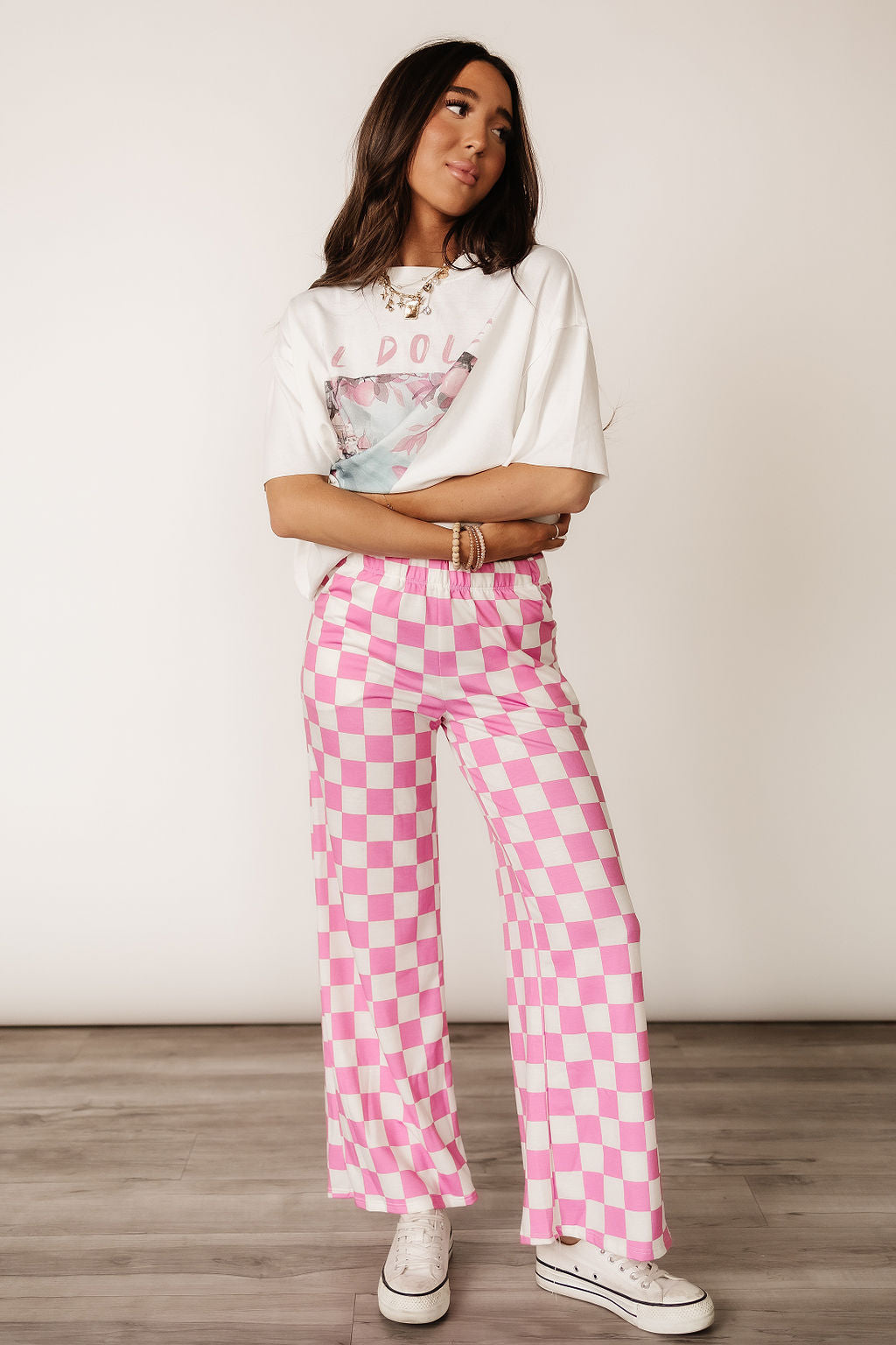White and Pink Checked Comfy Wide Leg Pants | Checkmate Pants