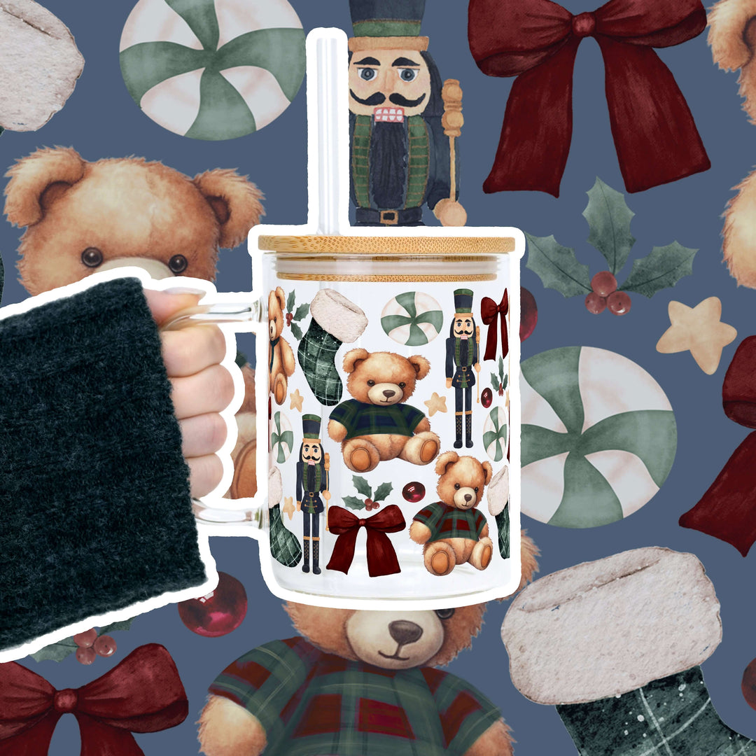 Plaid Teddy Christmas Clear Glass Mug with Lid & Straw