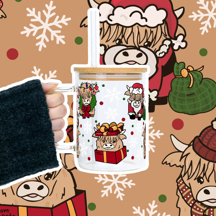 Highland Holiday Christmas Clear Glass Mug with Lid & Straw