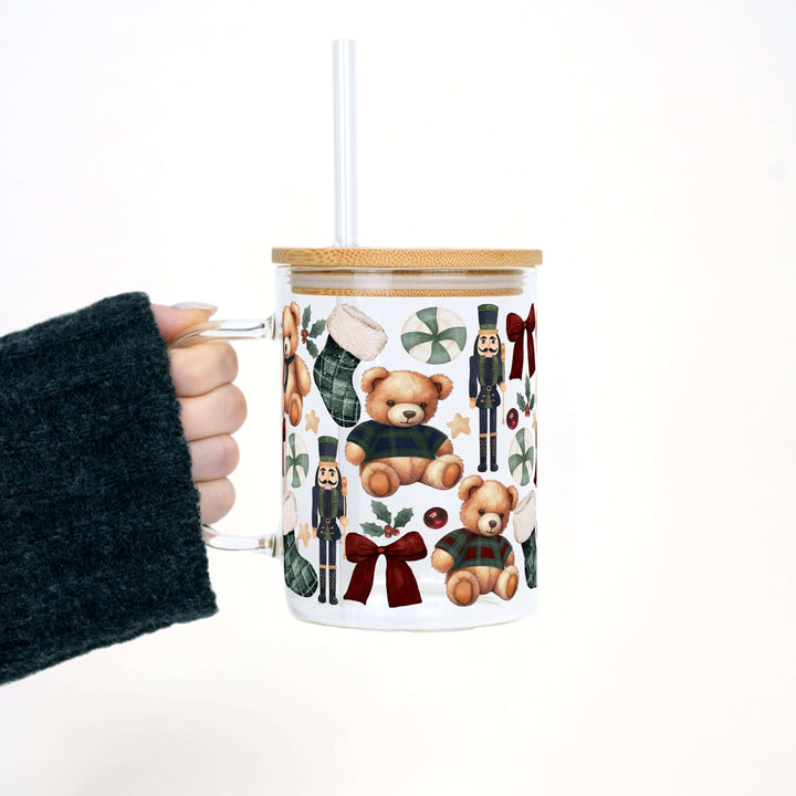 Plaid Teddy Christmas Clear Glass Mug with Lid & Straw