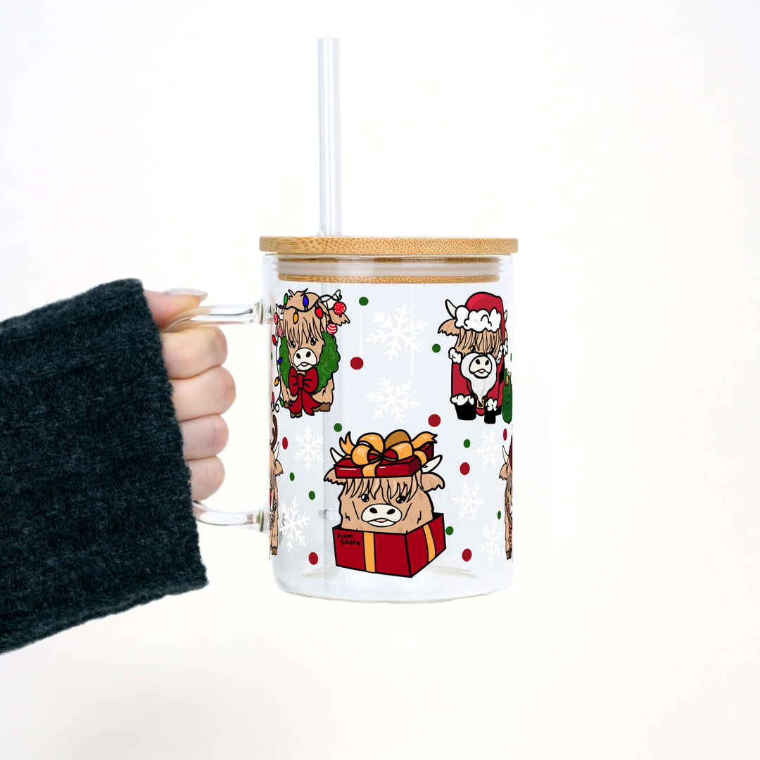 Highland Holiday Christmas Clear Glass Mug with Lid & Straw