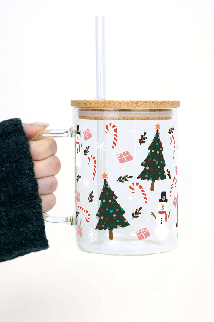 Jolly Little Christmas Clear Glass Mug with Lid & Straw