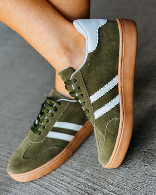 Olive Suede Trainer Sneakers with White Stripes and Gum Bottoms | Mindy Mae's Market