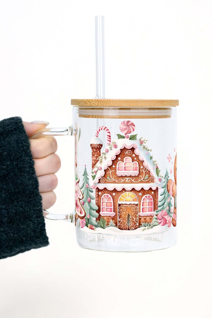 Pink Gingerbread House 17oz Glass Mug With Lid and Straw