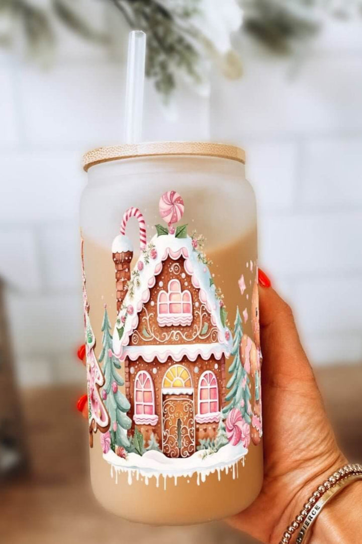 Pink Gingerbread House Cup With Lid and Straw