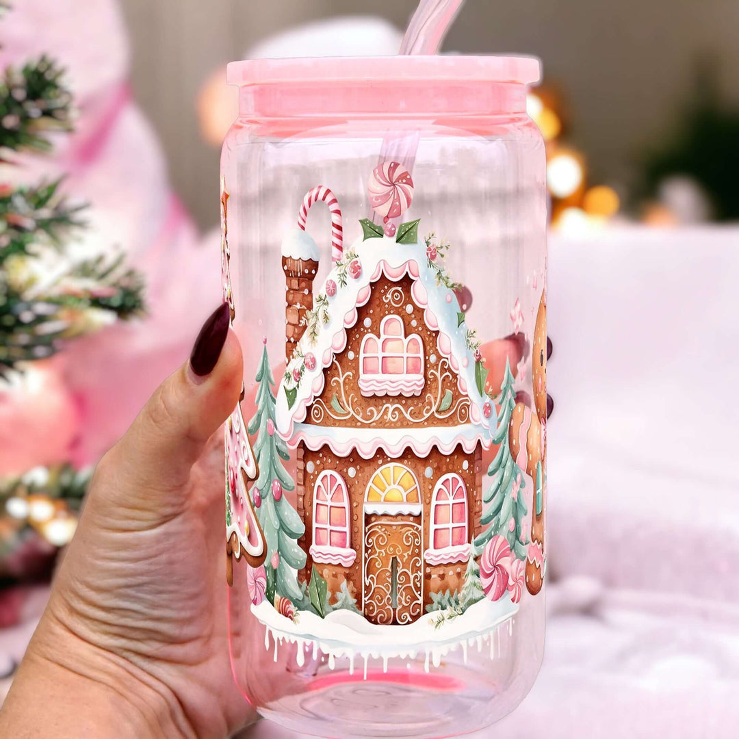 Pink Gingerbread House Cup With Lid and Straw