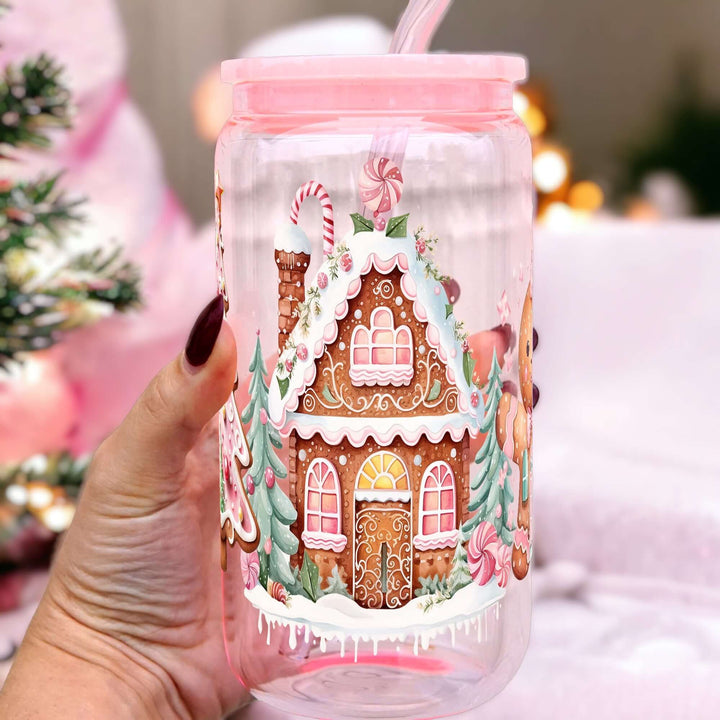 Pink Gingerbread House Cup With Lid and Straw