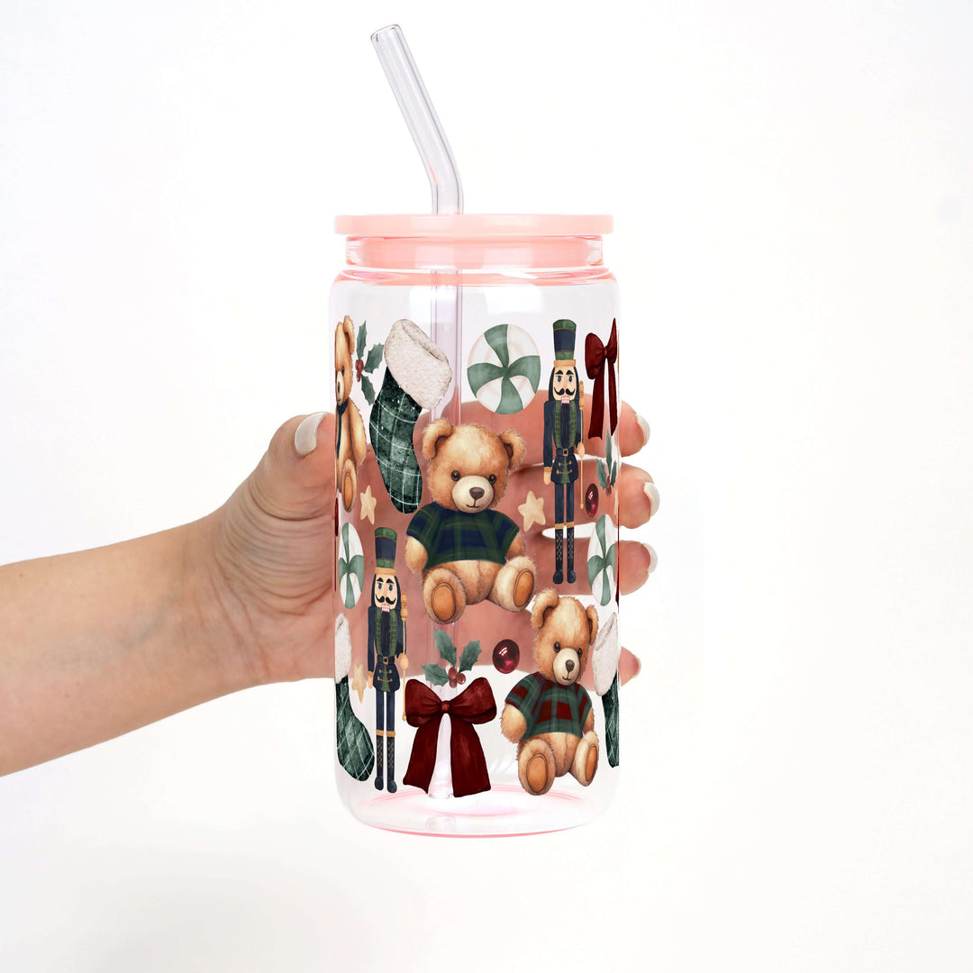 Plaid Teddy Christmas Cup with Lid & Straw