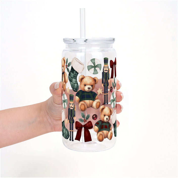 Plaid Teddy Christmas Cup with Lid & Straw