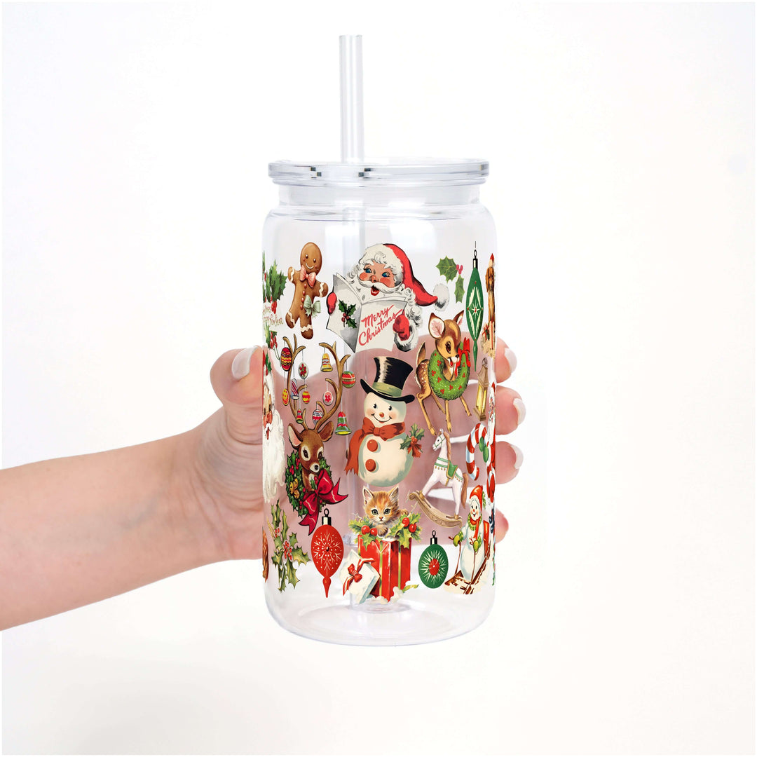 Nostalgic Christmas Glass Can Cup with Lid & Straw