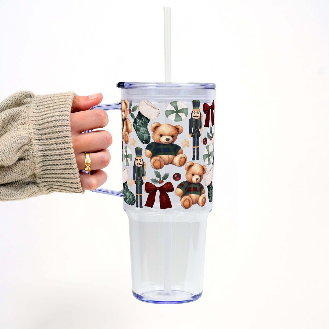 Plaid Teddy Christmas Tumbler with Handle Lid & Straw