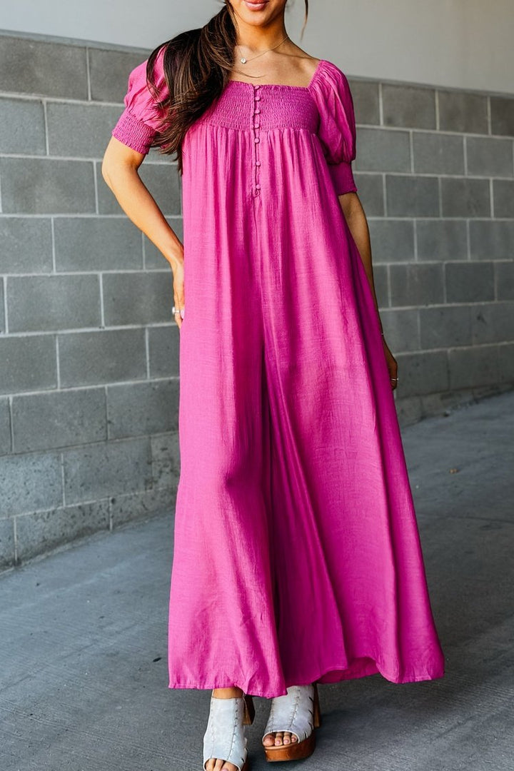 Puff Sleeve Wide Leg Smocked Jumpsuit in Pink | Mindy Mae's Market