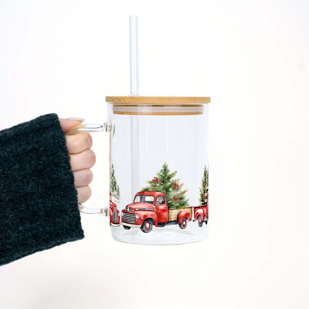 Red Christmas Truck 17oz Glass Mug With Lid and Straw