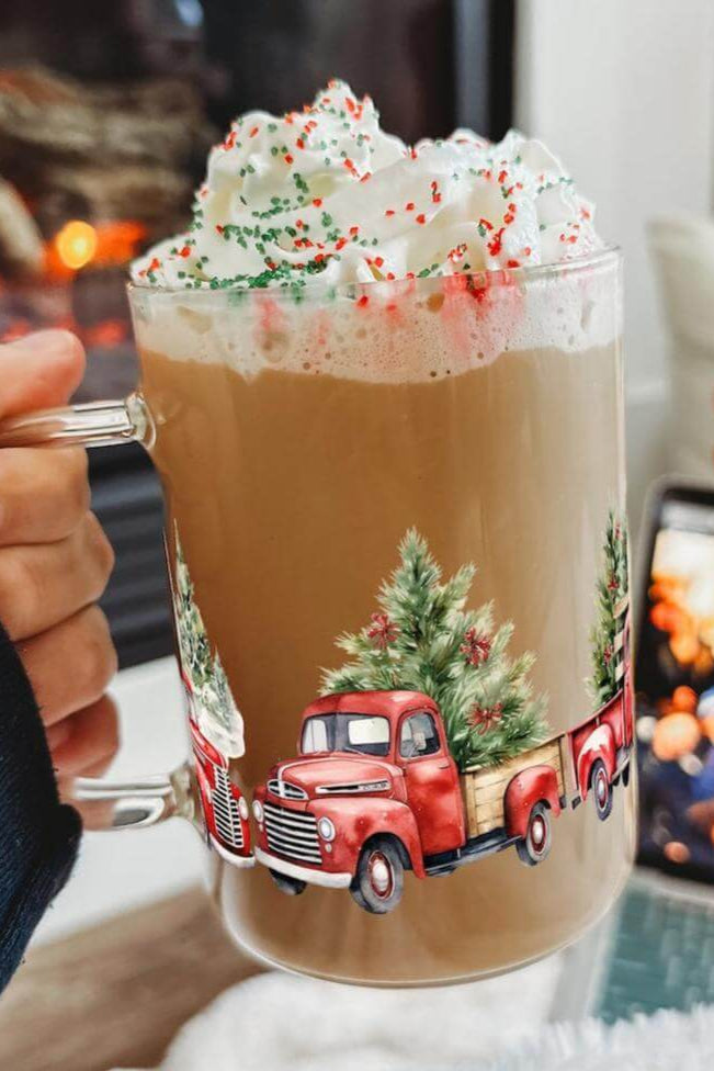 Red Christmas Truck 17oz Glass Mug With Lid and Straw