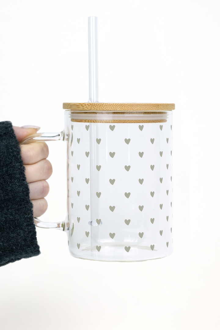 Sage Mini Hearts 17oz Glass Mug With Lid and Straw