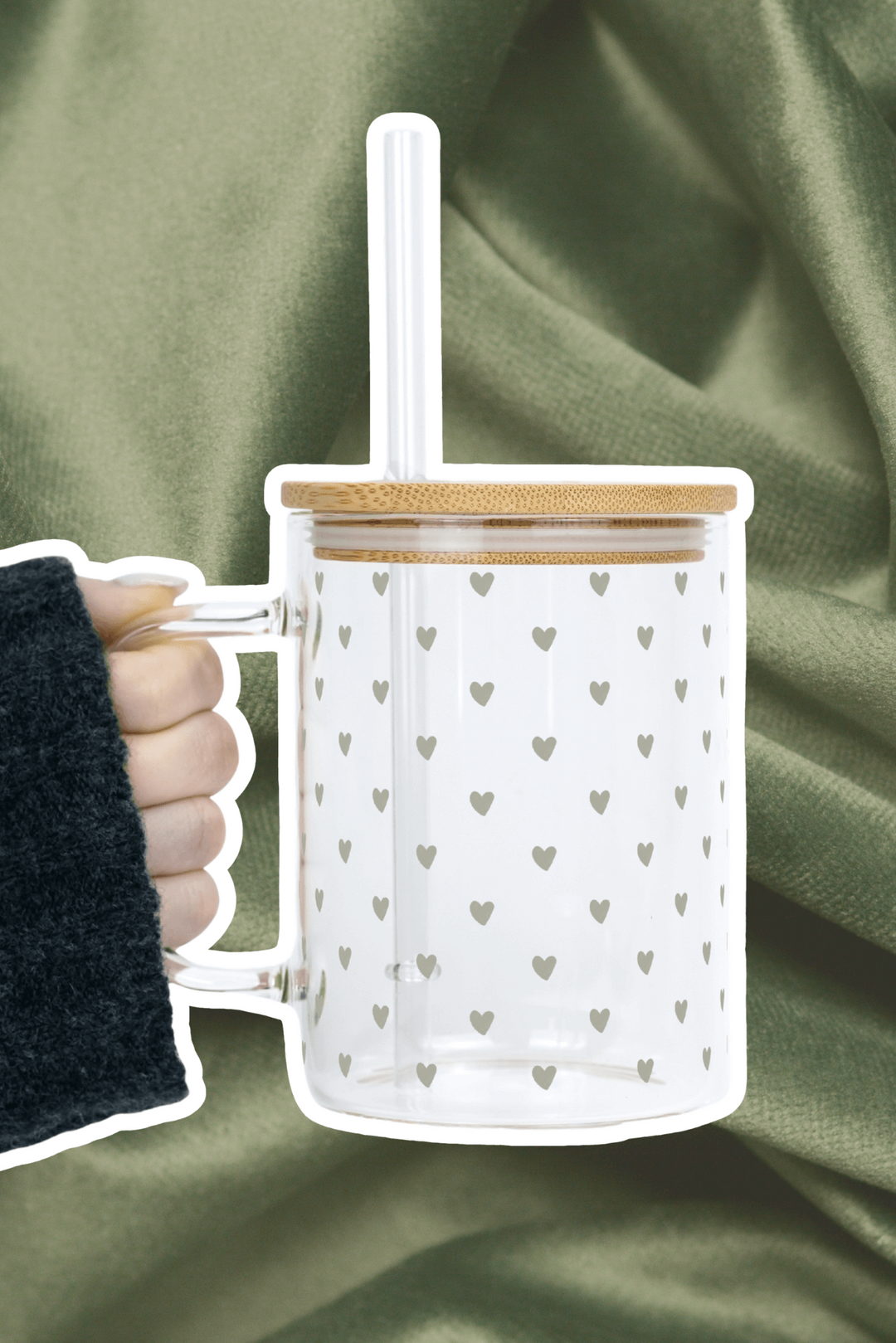 Sage Mini Hearts 17oz Glass Mug With Lid and Straw