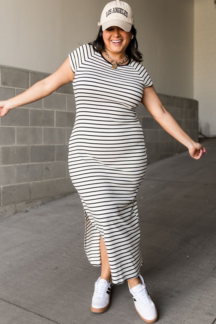 Gray and white striped maxi dress hotsell