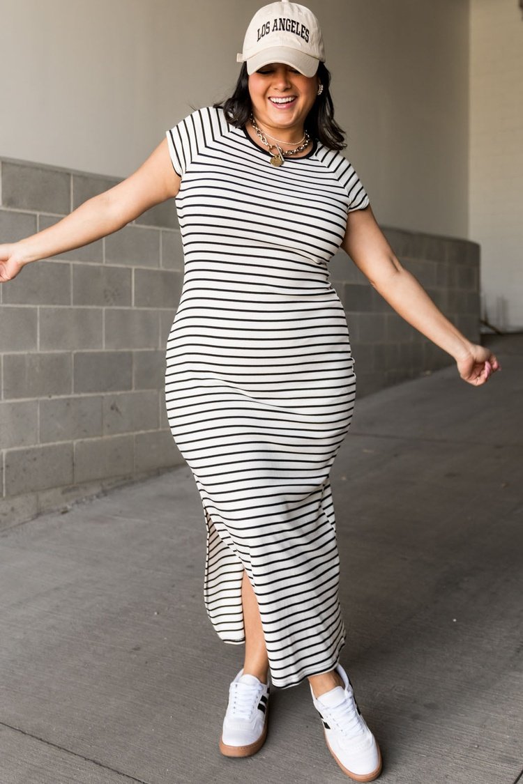 Short Sleeve Black and White Striped Maxi Dress with side Slit | Mindy Mae's Market