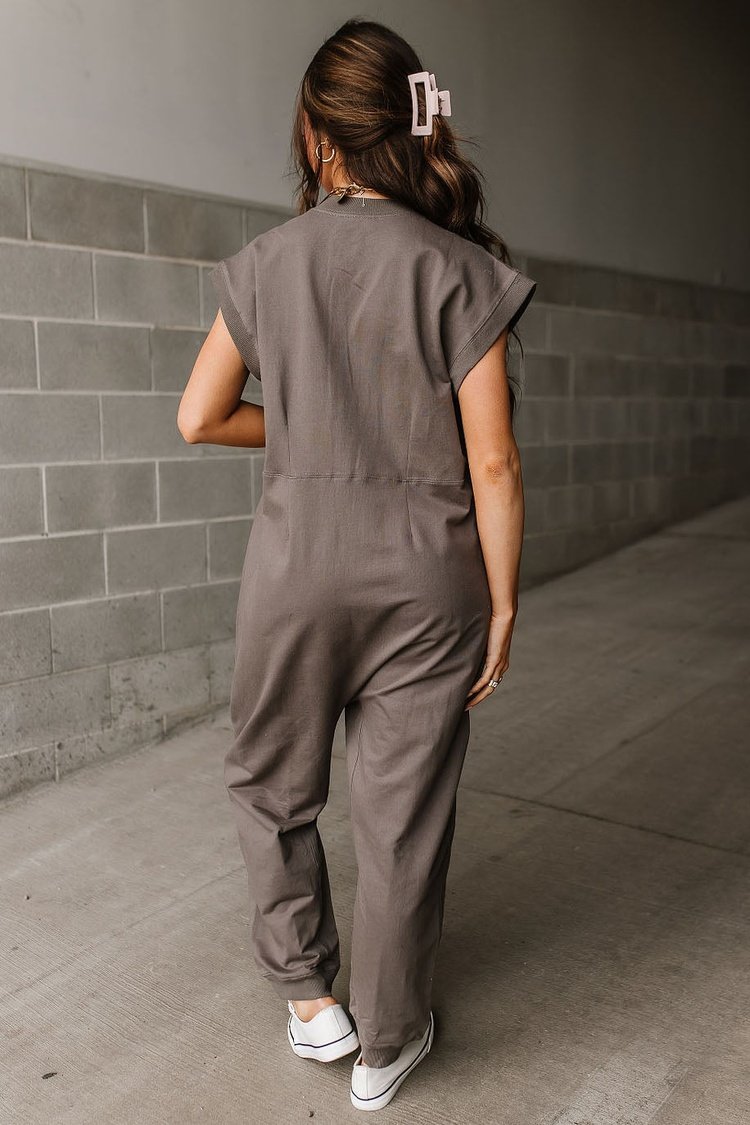 Short Sleeve Button Front Grey Jumpsuit | Mindy Mae's Market