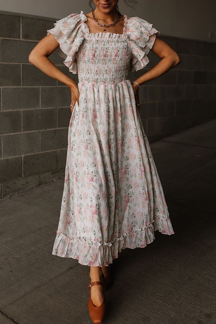 Smocked Floral Ruffle Trim Flutter Sleeves | Kenzie Floral Maxi