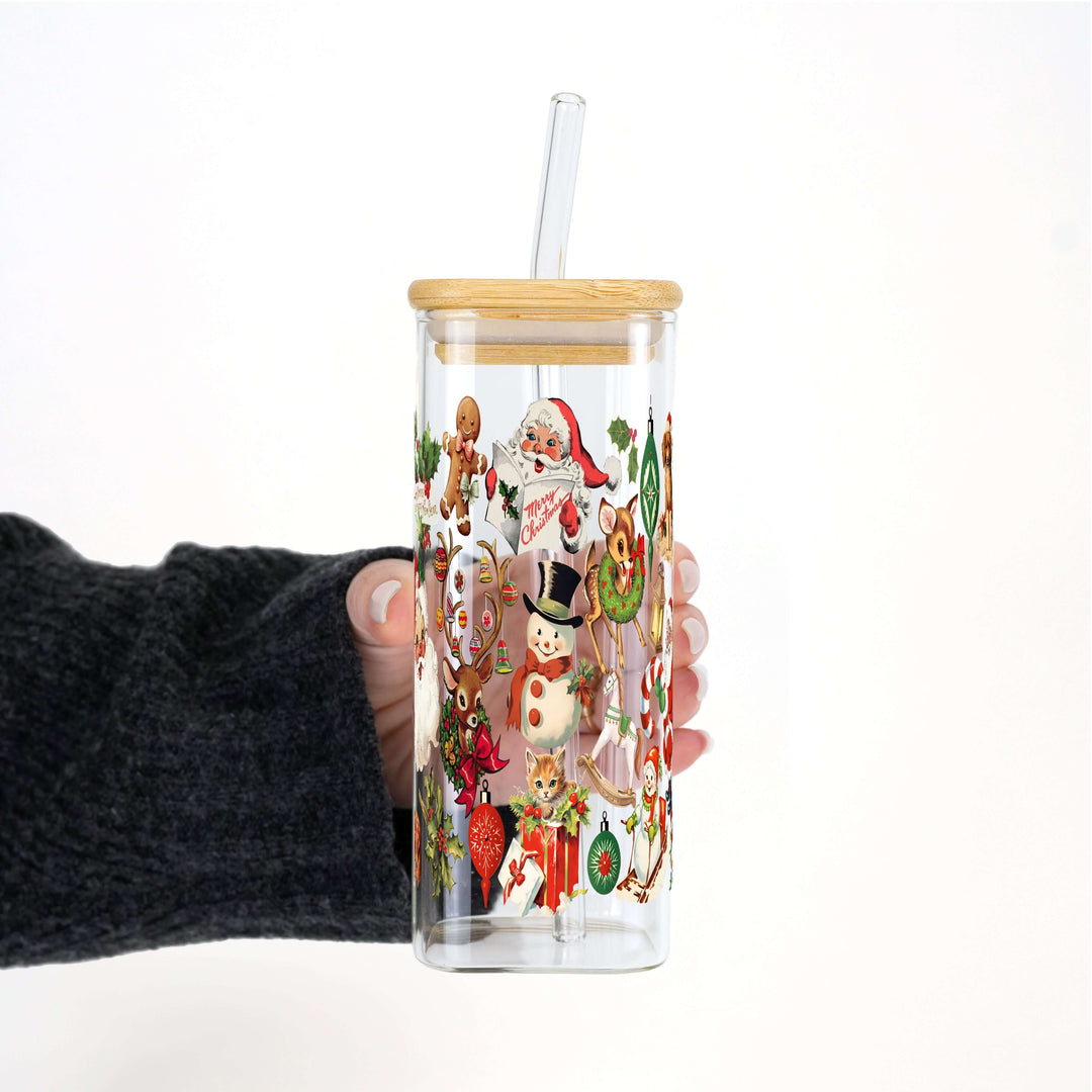 Nostalgic Christmas Glass Can Cup with Lid & Straw