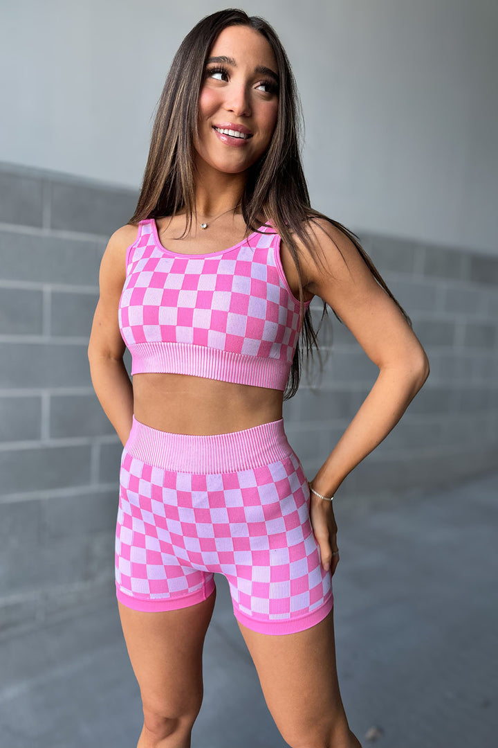 Stretchy Pink Checkered Work Out Short & Bra Set | Mindy Mae's Market