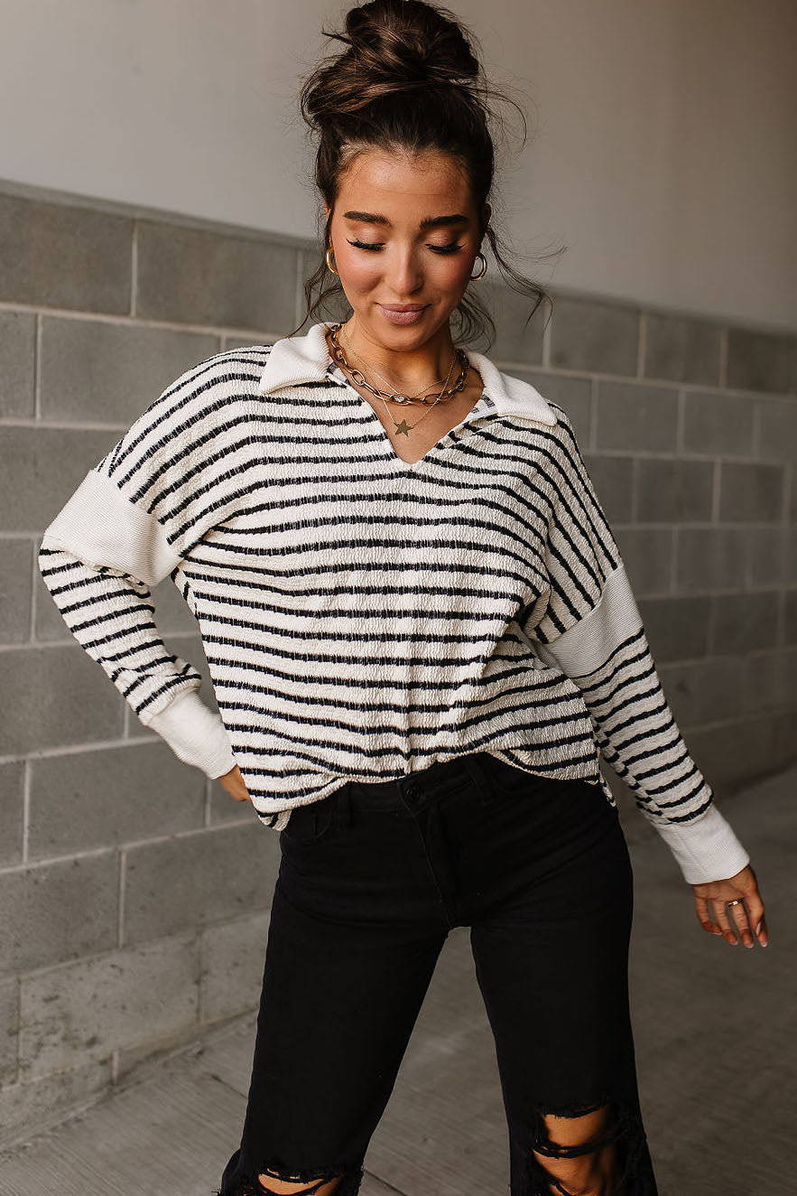 V Neck Collared Striped Sweater Tee